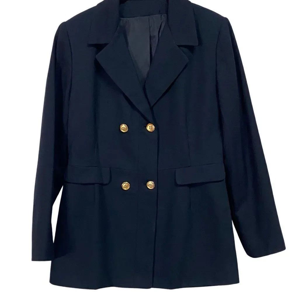 Chic Minimal True Vintage 1980s Navy Double Breasted Boyfriend Blazer